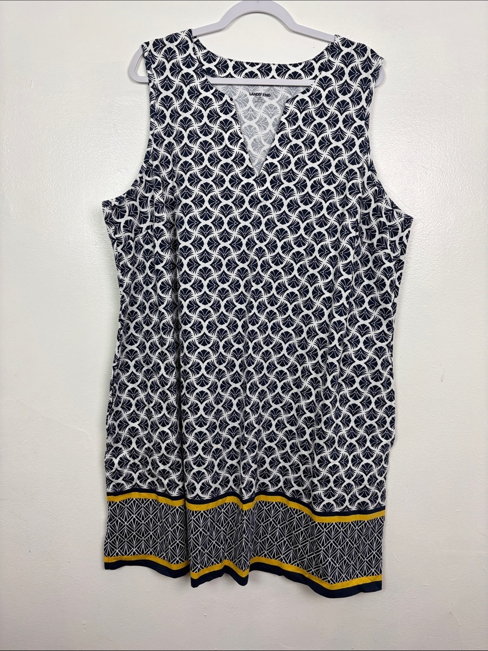 Lands’ End Women’s 2X V-Neck Sleeveless  Cotton Pockets Print Dress